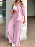 Autumn Women's Solid-Color Casual Turndown Collar Button-Front Shirt and High-Waisted Button-Pocket Wide-Leg Pants Set
