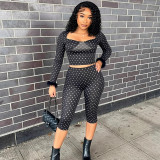 Women Autumn Wide-Neck Polka Dot Print Fur Patchwork Long-Sleeved Crop Top and Capri Pants Two-Piece Set