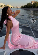 Women's Pink Satin Halter Neck Low-Back Slim-Fit Mermaid Maxi Evening Dress Women's Pink Satin Halter Neck Low-Back Slim-Fit Mermaid Maxi Evening Dress