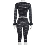 Women Autumn Wide-Neck Polka Dot Print Fur Patchwork Long-Sleeved Crop Top and Capri Pants Two-Piece Set