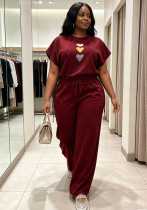 Plus Size Women's Heart Print Short-Sleeve Loose-Fit Drawstring Wide-Leg Pants Casual Two-Piece Set Plus Size Women's Heart Print Short-Sleeve Loose-Fit Drawstring Wide-Leg Pants Casual Two-Piece Set