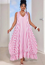 Women Summer Striped Holidays Sleeveless Beach Ruffle Edge Maxi Dress Women Summer Striped Holidays Sleeveless Beach Ruffle Edge Maxi Dress