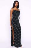 Women's Strap Ruffle Polka Dot Slit Long Dress