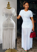 Women's Pearl-Embellished Short-Sleeve Knitted Slim-Waist Pleated Chic Maxi Dress Women's Pearl-Embellished Short-Sleeve Knitted Slim-Waist Pleated Chic Maxi Dress