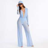 Women Mesh Patchwork See-Through Solid Headscarf V Neck Long-Sleeved Jumpsuit