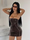 Summer Women's Sexy Leopard Print PU Tight-Fitting Strapless Bodycon Dress