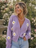Women Plush Daisy Knitting V-Neck Top Sweaters