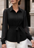Women Striped Mesh Patchwork Tie-Up Long Sleeve Shirt
