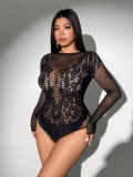 Women Sexy Long-Sleeve Diamond Hollow-Out Jumpsuit