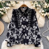 Women Autumn Embroidered Beaded Long-Sleeve Mesh Shirt Top