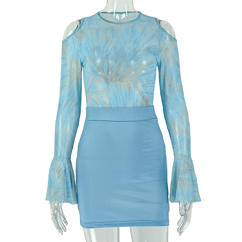 One-Shoulder Hollow-Out Round Neck Bell Bottom Long-Sleeve Bodycon Dress
