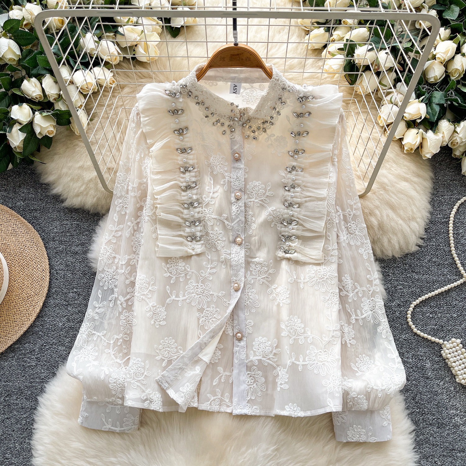 Embroidered Beaded Long-Sleeve Mesh Shirt Top for Autumn