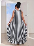 Women Summer Striped Holidays Sleeveless Beach Ruffle Edge Maxi Dress