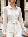 Women Striped Mesh Patchwork Tie-Up Long Sleeve Shirt