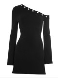 Women's Slash-Shoulder Long-Sleeve Slim-Fit Black Solid-Color Mini Party Dress