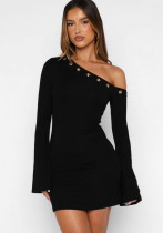 Women's Slash-Shoulder Long-Sleeve Slim-Fit Black Solid-Color Mini Party Dress Women's Slash-Shoulder Long-Sleeve Slim-Fit Black Solid-Color Mini Party Dress