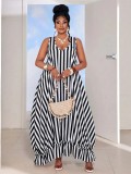 Women Summer Striped Holidays Sleeveless Beach Ruffle Edge Maxi Dress