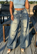 Women's Streetwear Loose-Fit Ripped Washed Slim-Fit Denim Pants