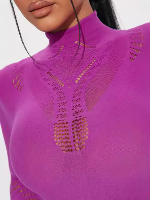 High-Neck Hollow-Out See-Through Long-Sleeve Dress for Summer Clubwear