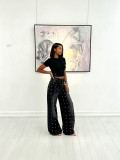 Women's Washed Studded Loose-Fit Wide-Leg Denim Pants