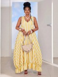 Women Summer Striped Holidays Sleeveless Beach Ruffle Edge Maxi Dress