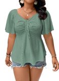 Plus Size Women Pleated Tie-Waist Short-Sleeve Top