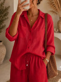 Autumn Women's Solid-Color Casual Loose-Fit Turn-Down Collar Button-Up Long-Sleeve Shirt and Drawstring Straight-Leg Pants Set