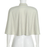 Women Autumn Houndstooth Bodysuit and Top with Patchwork Cape Two-Piece Set