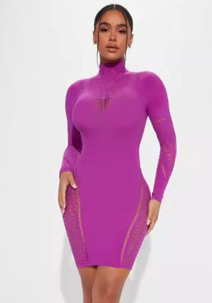 High-Neck Hollow-Out See-Through Long-Sleeve Dress for Summer Clubwear