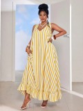 Women Summer Striped Holidays Sleeveless Beach Ruffle Edge Maxi Dress