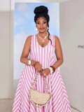Women Summer Striped Holidays Sleeveless Beach Ruffle Edge Maxi Dress
