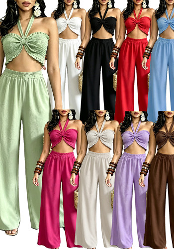 Women Casual Holidays Multi-Way Ruffle Edge Pleated Strapless Top and Wide-Leg Pants Two-Piece Set