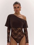 Women Autumn Lace Patchwork Long-Sleeved Bodysuit