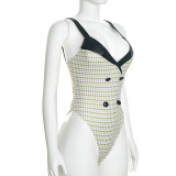 Women Autumn Houndstooth Bodysuit and Top with Patchwork Cape Two-Piece Set