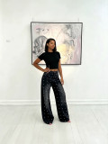 Women's Washed Studded Loose-Fit Wide-Leg Denim Pants