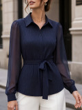 Women Striped Mesh Patchwork Tie-Up Long Sleeve Shirt