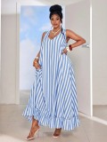 Women Summer Striped Holidays Sleeveless Beach Ruffle Edge Maxi Dress
