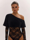 Women Autumn Lace Patchwork Long-Sleeved Bodysuit
