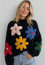 Women Floral High-Neck Knitting Sweater Women Floral High-Neck Knitting Sweater