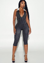 Women Autumn Sexy V Neck Backless Striped Capri Jumpsuit Women Autumn Sexy V Neck Backless Striped Capri Jumpsuit