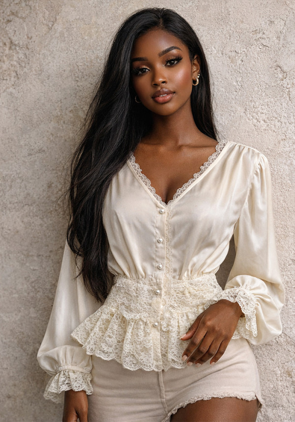 Women Long-Sleeve Patchwork Lace Shirt Top