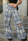 Women's Streetwear Plaid Ripped Patchwork Washed Denim Pants