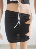 Women Summer Sexy Solid Lace-Up Hollow-Out Top and Skirt Two-Piece Set