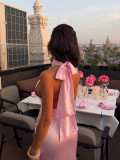 Women's Pink Satin Halter Neck Low-Back Slim-Fit Mermaid Maxi Evening Dress