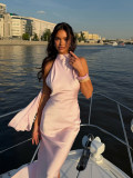 Women's Pink Satin Halter Neck Low-Back Slim-Fit Mermaid Maxi Evening Dress