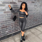 Women Autumn Wide-Neck Polka Dot Print Fur Patchwork Long-Sleeved Crop Top and Capri Pants Two-Piece Set