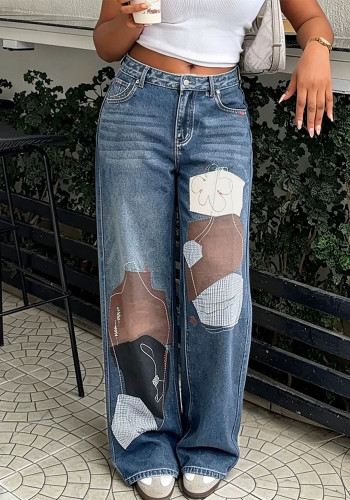 Women's Streetwear Stitched Patchwork Applique Print Denim Pants