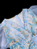 Plus Size Women Printed Mesh Patchwork V-Neck Puff Sleeve Floral Dress