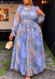 Plus Size Women Printed Pleated Chiffon Ruffle Edge Stand Collar Puff Long Sleeve Belt Maxi Dress