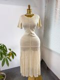 Women's Pearl-Embellished Short-Sleeve Knitted Slim-Waist Pleated Chic Maxi Dress
